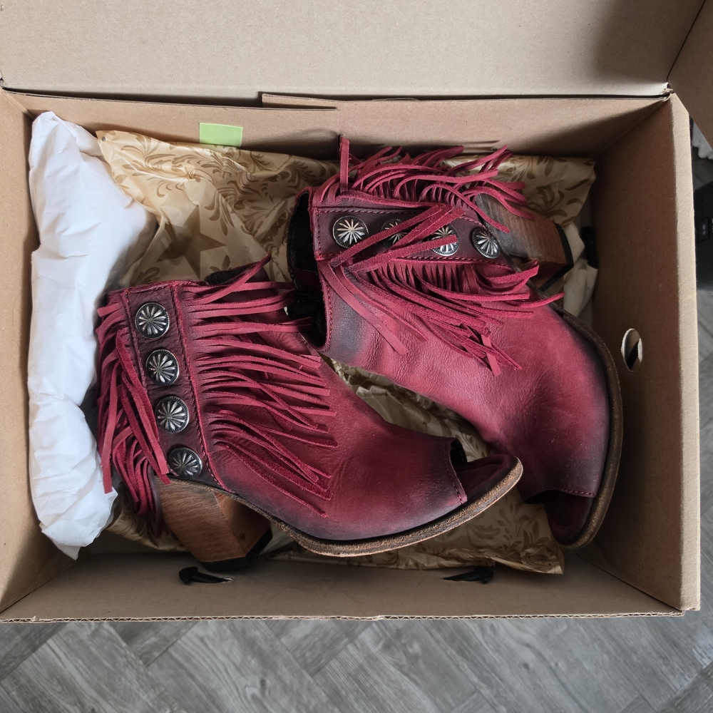 LIBERTY Black Burgundy Fringe Open-Toe Ankle Booties